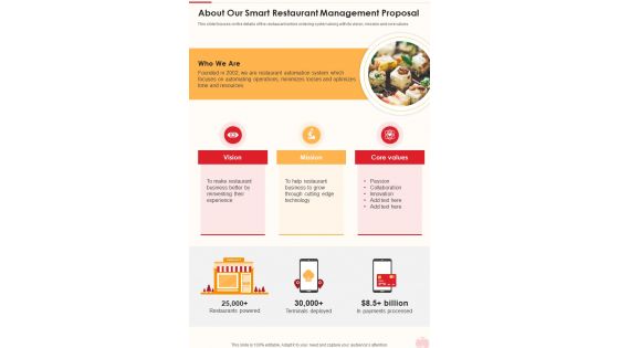 About Our Smart Restaurant Management Proposal One Pager Sample Example Document