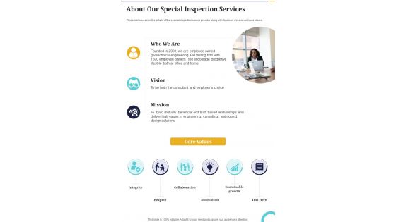 About Our Special Inspection Services One Pager Sample Example Document