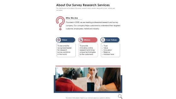 About Our Survey Research Services One Pager Sample Example Document