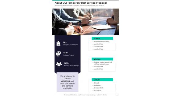 About Our Temporary Staff Service Proposal One Pager Sample Example Document