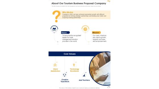 About Our Tourism Business Proposal Company One Pager Sample Example Document