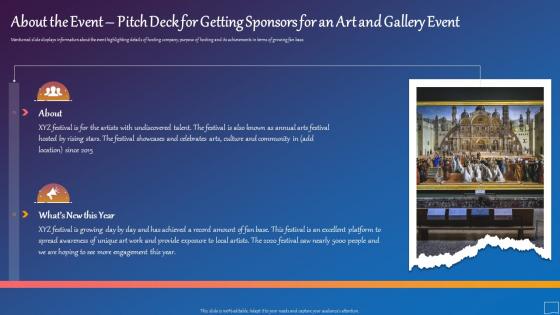 About The Event Pitch Deck Getting Sponsors Art Gallery Event Ppt Show Layouts