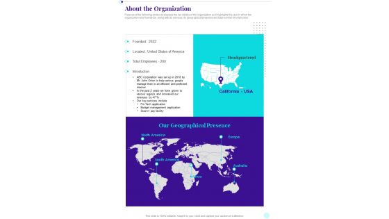 About The Organization Business Playbook One Pager Sample Example Document