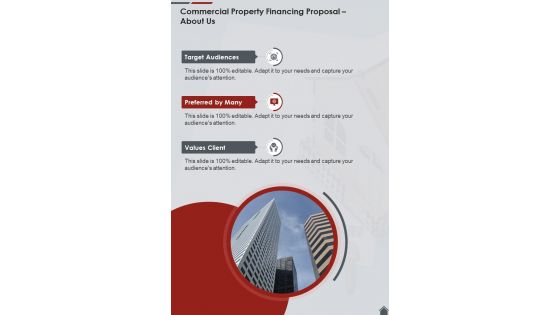 About Us Commercial Property Financing Proposal One Pager Sample Example Document