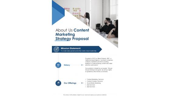 About Us Content Marketing Strategy Proposal One Pager Sample Example Document