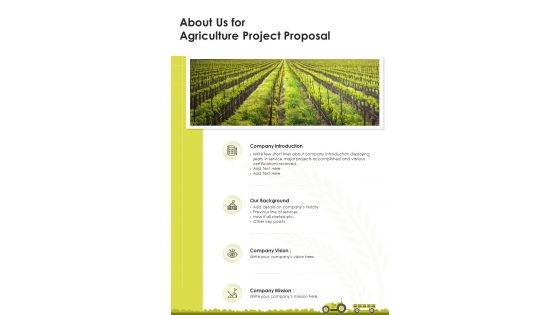 About Us For Agriculture Project Proposal One Pager Sample Example Document
