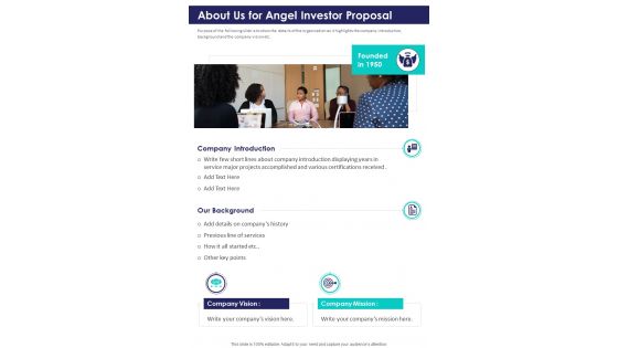 About Us For Angel Investor Proposal One Pager Sample Example Document