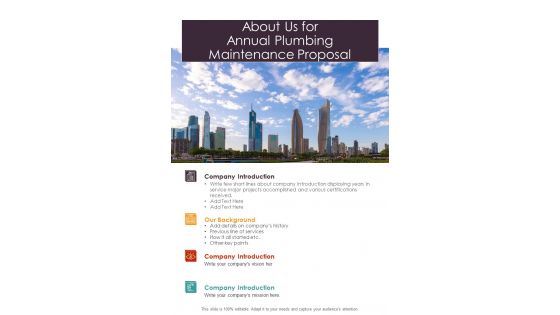 About Us For Annual Plumbing Maintenance Proposal One Pager Sample Example Document