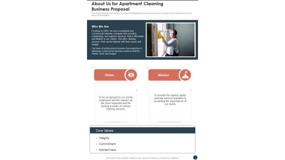 About Us For Apartment Cleaning Business Proposal One Pager Sample Example Document