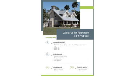 About Us For Apartment Sale Proposal One Pager Sample Example Document