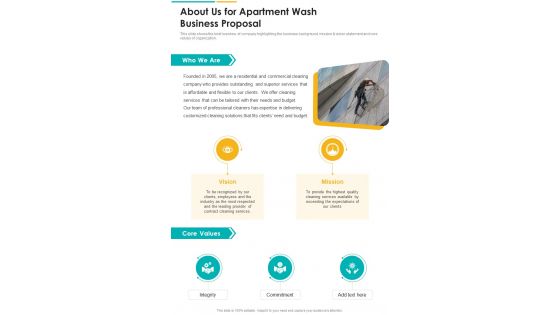 About Us For Apartment Wash Business Proposal One Pager Sample Example Document