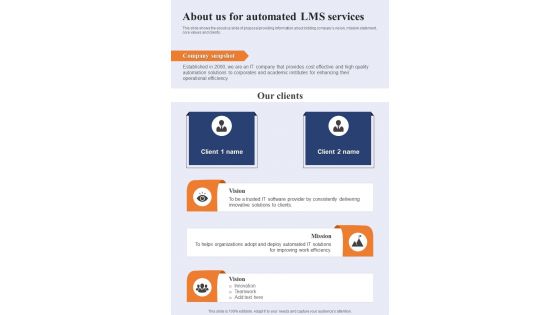 About Us For Automated LMS Services One Pager Sample Example Document