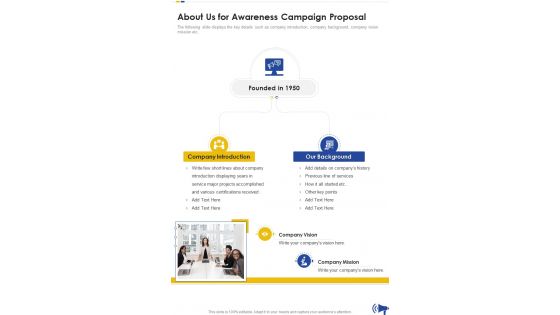 About Us For Awareness Campaign Proposal One Pager Sample Example Document