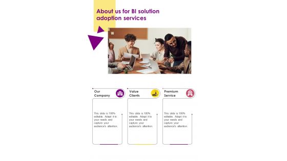 About Us For BI Solution Adoption For BI Solution Adoption One Pager Sample Example Document