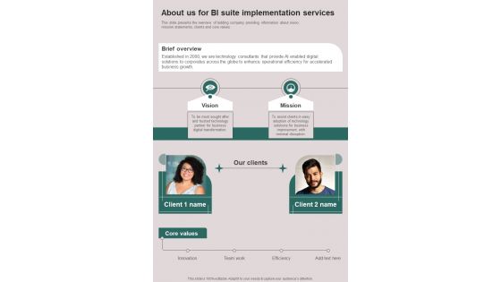 About Us For BI Suite Implementation One Pager Sample Example Document