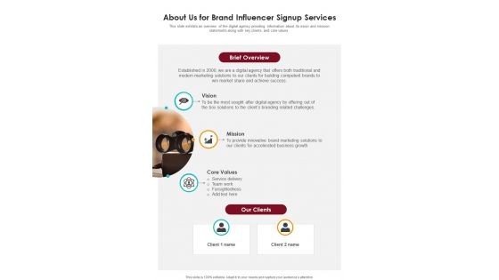About Us For Brand Influencer Signup Services One Pager Sample Example Document