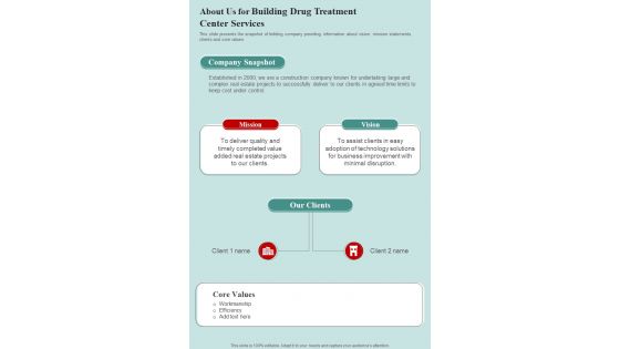 About Us For Building Drug Treatment Center Services One Pager Sample Example Document