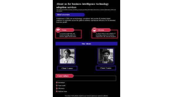 About Us For Business Intelligence Technology Adoption Services One Pager Sample Example Document