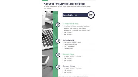 About Us For Business Sales Proposal One Pager Sample Example Document