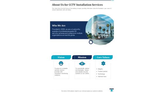 About Us For Cctv Installation Services One Pager Sample Example Document