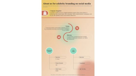 About Us For Celebrity Branding On Social Media One Pager Sample Example Document