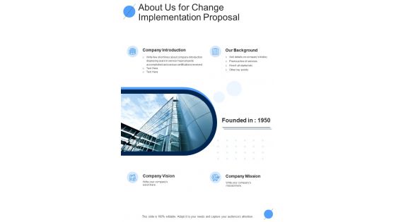 About Us For Change Implementation Proposal One Pager Sample Example Document