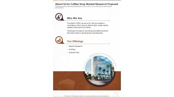 About Us For Coffee Shop Market Research Proposal One Pager Sample Example Document