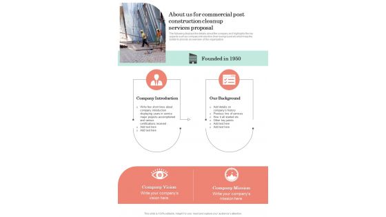 About Us For Commercial Post Construction Cleanup Services Proposal One Pager Sample Example Document