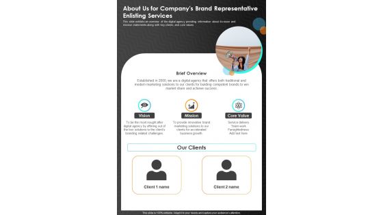 About Us For Companys Brand Representative One Pager Sample Example Document