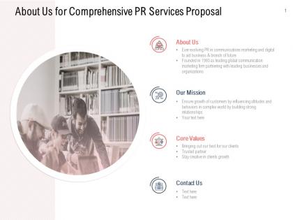 About us for comprehensive pr services proposal ppt styles display