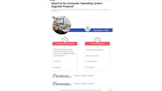 About Us For Computer Operating System Upgrade Proposal One Pager Sample Example Document