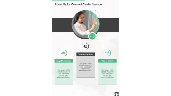 About Us For Contact Center Service One Pager Sample Example Document