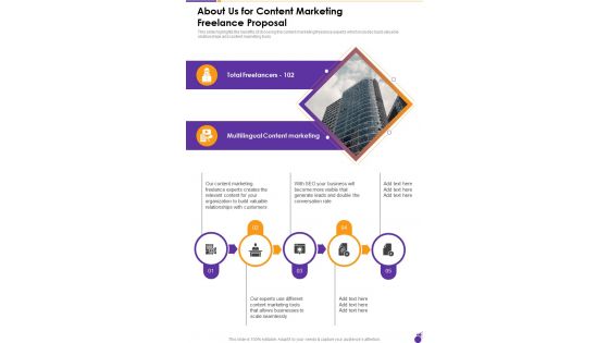 About Us For Content Marketing Freelance Proposal One Pager Sample Example Document