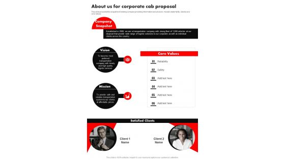 About Us For Corporate Cab Proposal One Pager Sample Example Document