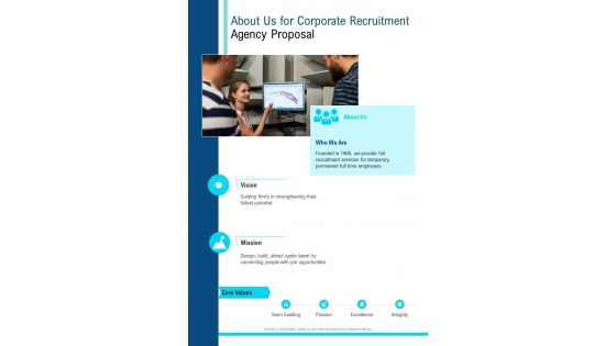 About Us For Corporate Recruitment Agency Proposal One Pager Sample Example Document