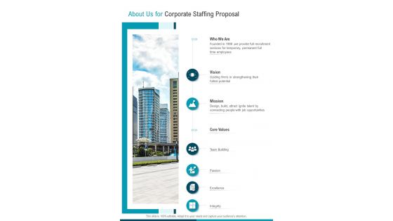 About Us For Corporate Staffing Proposal One Pager Sample Example Document