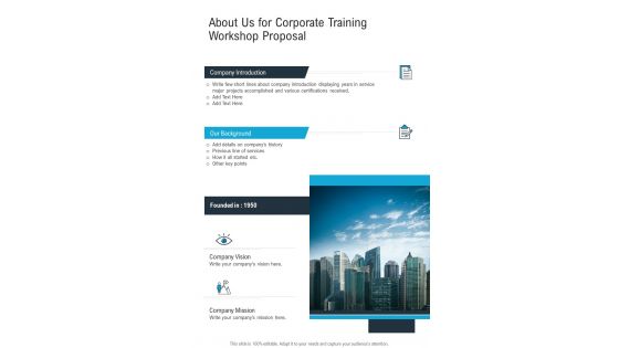 About Us For Corporate Training Workshop Proposal One Pager Sample Example Document