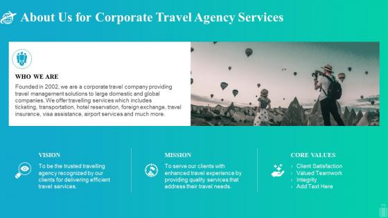 About us for corporate travel agency services ppt slides model