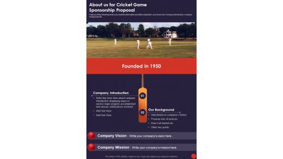 About Us For Cricket Game Sponsorship Proposal One Pager Sample Example Document