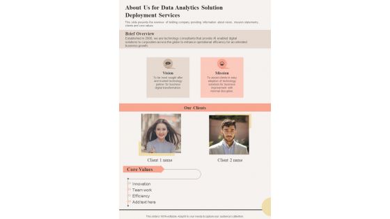 About Us For Data Analytics Solution Deployment One Pager Sample Example Document