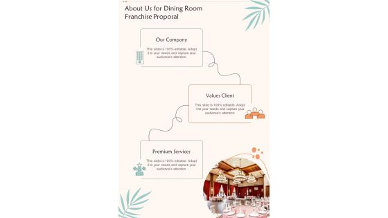 About Us For Dining Room Franchise Proposal One Pager Sample Example Document