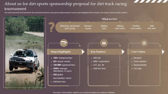 About Us For Dirt Sports Sponsorship Proposal For Dirt Track Racing Tournament Ppt Elements