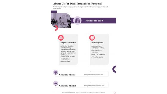 About Us For Dos Instalaltion Proposal One Pager Sample Example Document