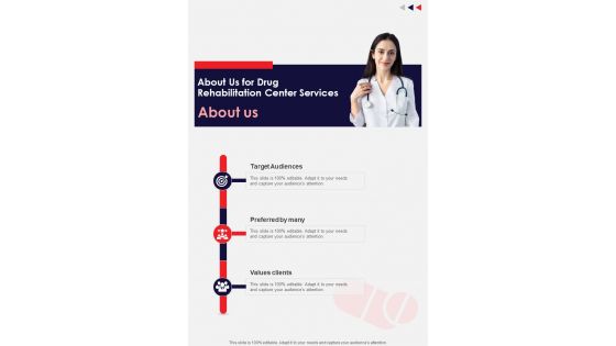 About Us For Drug Rehabilitation Center Services One Pager Sample Example Document