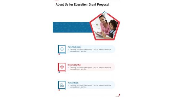About Us For Education Grant Proposal One Pager Sample Example Document