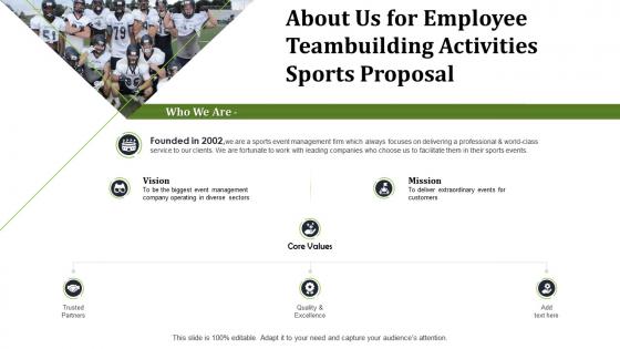 About us for employee teambuilding activities sports proposal ppt slides ideas