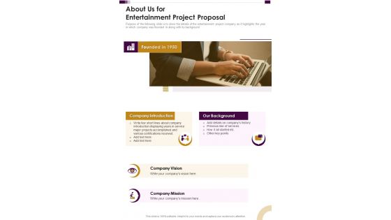 About Us For Entertainment Project Proposal One Pager Sample Example Document