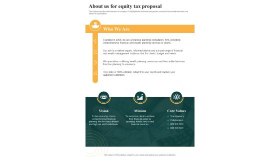 About Us For Equity Tax Proposal One Pager Sample Example Document