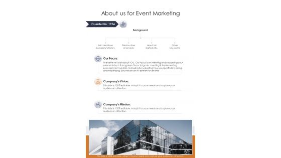 About Us For Event Marketing One Pager Sample Example Document
