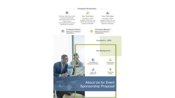 About Us For Event Sponsorship Proposal One Pager Sample Example Document